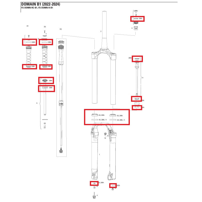 200 h/ano Kit de manutenção para o garfo ROCKSHOX Domain R/RC B1 2022-2024
