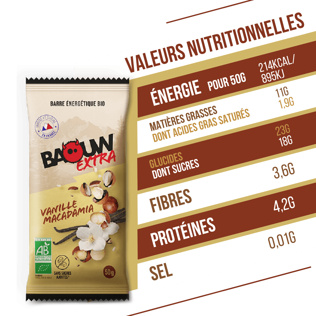 Barra energética BAOUW ORGANIC EXTRA Baunilha-Macadâmia (50g)