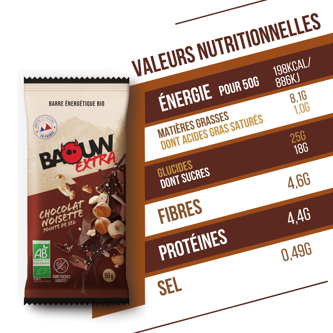 BAOUW ORGANIC EXTRA Barra energética de chocolate com avelãs (50g)