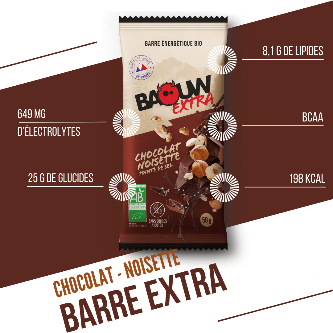 BAOUW ORGANIC EXTRA Barra energética de chocolate com avelãs (50g)
