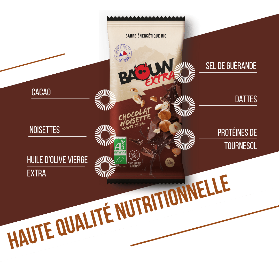 BAOUW ORGANIC EXTRA Barra energética de chocolate com avelãs (50g)
