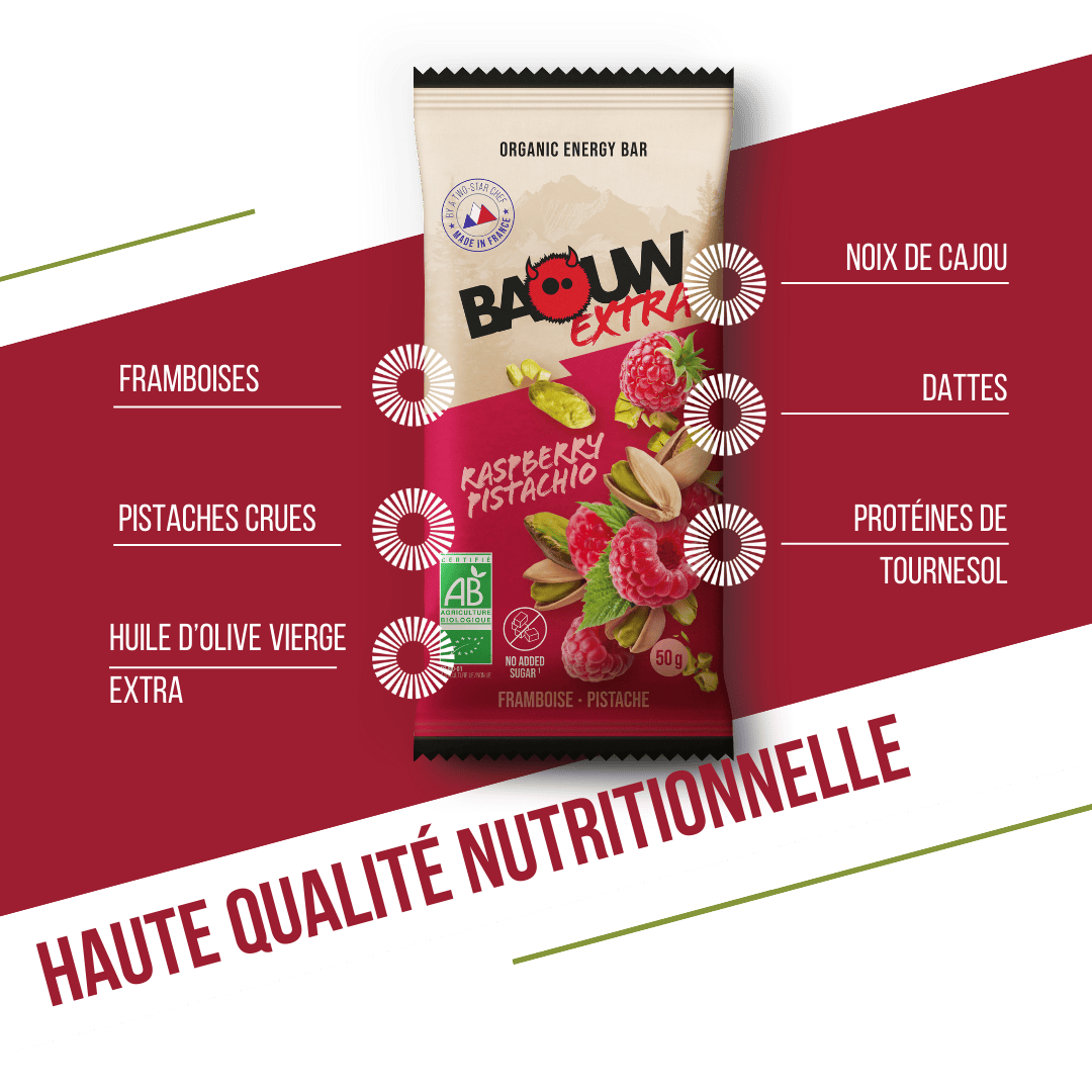 BAOUW ORGANIC EXTRA Barra energética de framboesa e pistácio (50g)