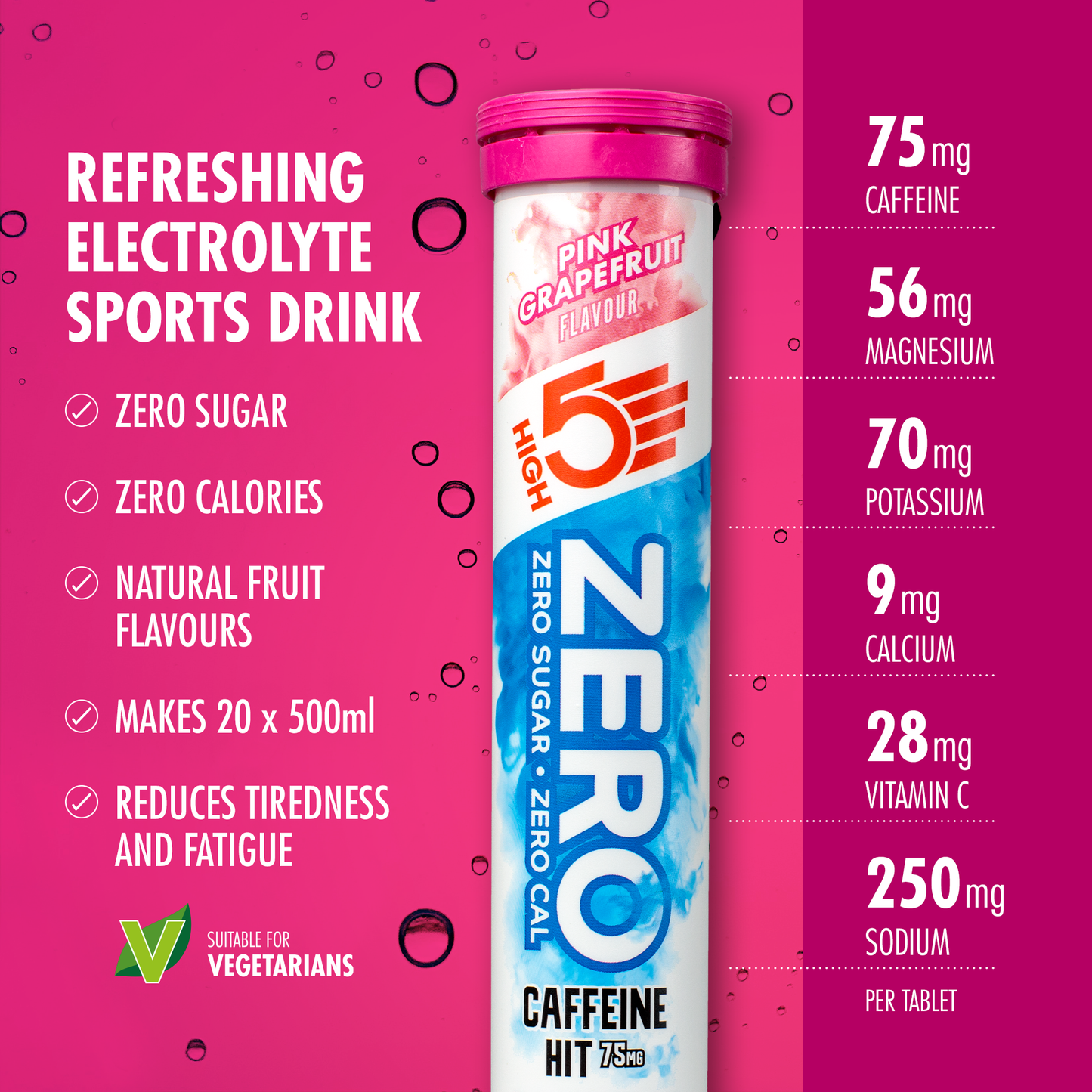 Comprimidos de hidratação electrolítica HIGH5 ZERO Cafeína (x20) Toranja Rosa