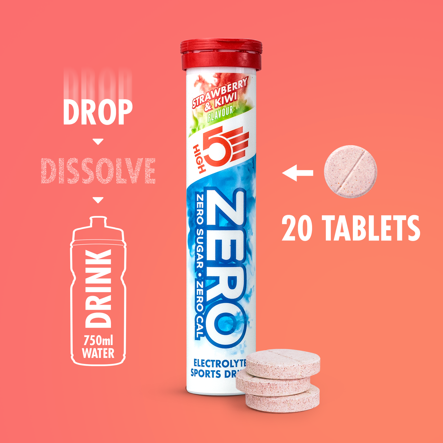 Comprimidos de hidratação electrolítica HIGH5 ZERO (x20) Morango Kiwi