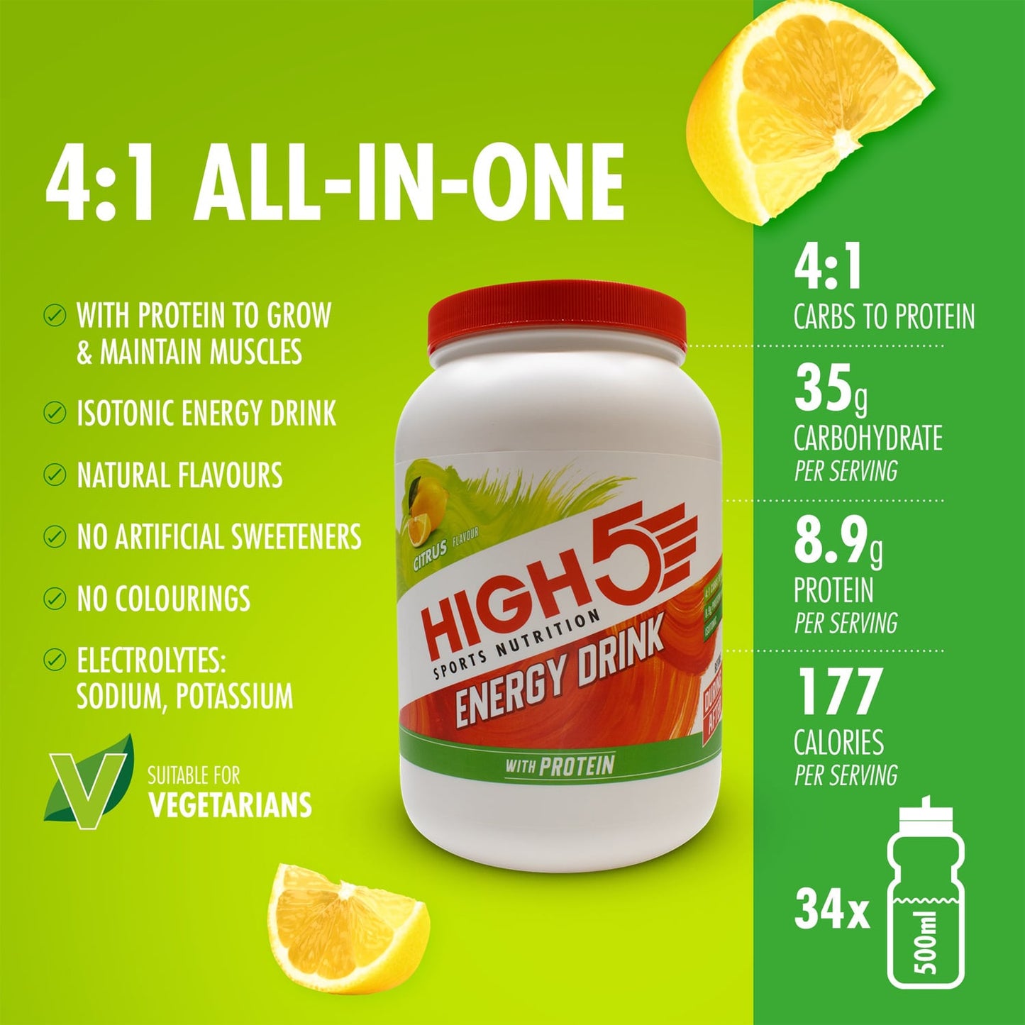 Bebida energética HIGH5 ENERGY DRINK PROTEIN (1,6kg) Limão