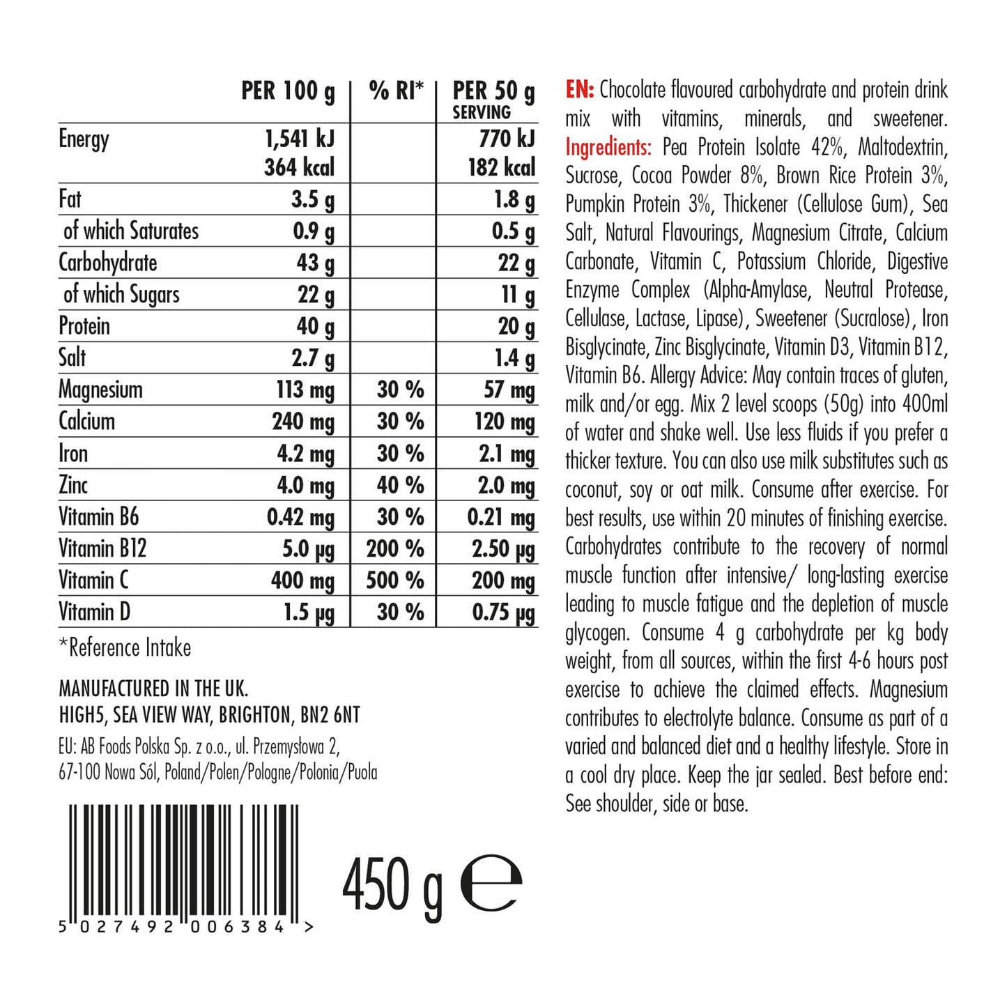 BEBIDA DE RECUPERAÇÃO À BASE DE PLANTAS HIGH5 (450g) Chocolate