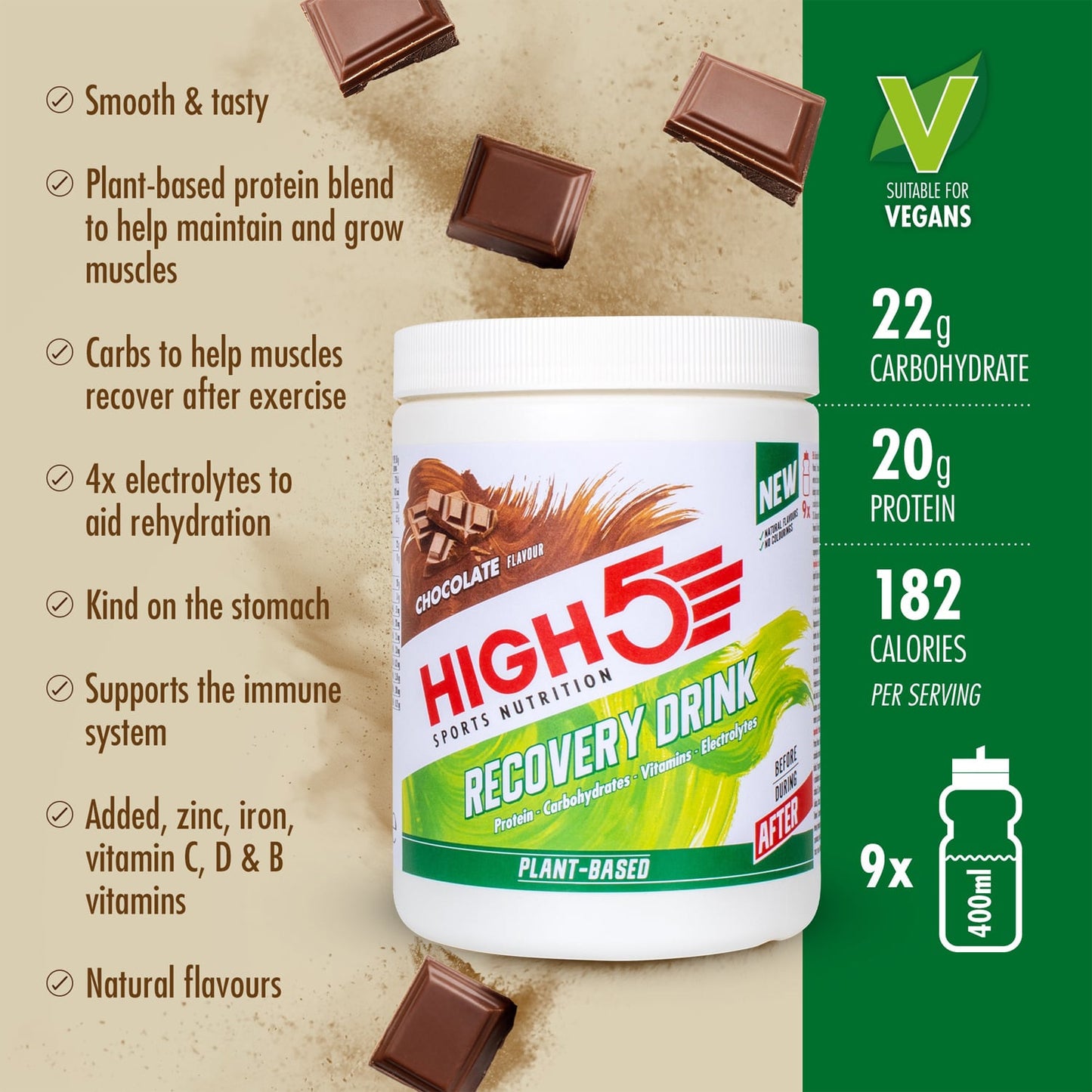 BEBIDA DE RECUPERAÇÃO À BASE DE PLANTAS HIGH5 (450g) Chocolate