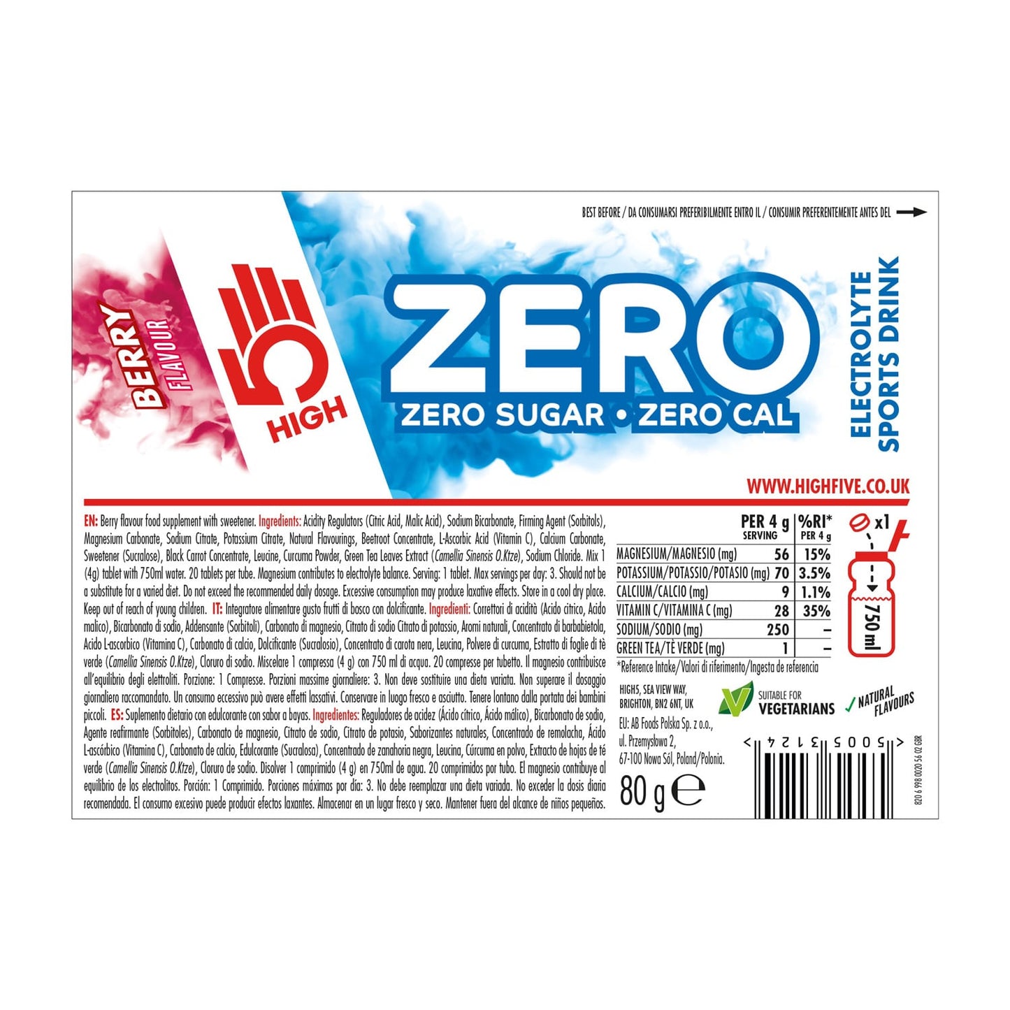 Boisson Anticrampe HIGH5 ZERO Tubo de 20 pastilhas de frutos vermelhos