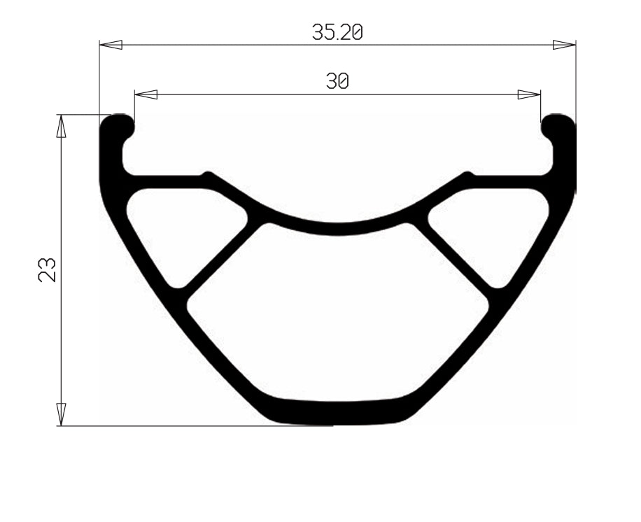 Perfil do aro HOPE FORTUS 30 W: largura externa de 35,2 mm, largura interna de 30 mm, altura de 23 mm