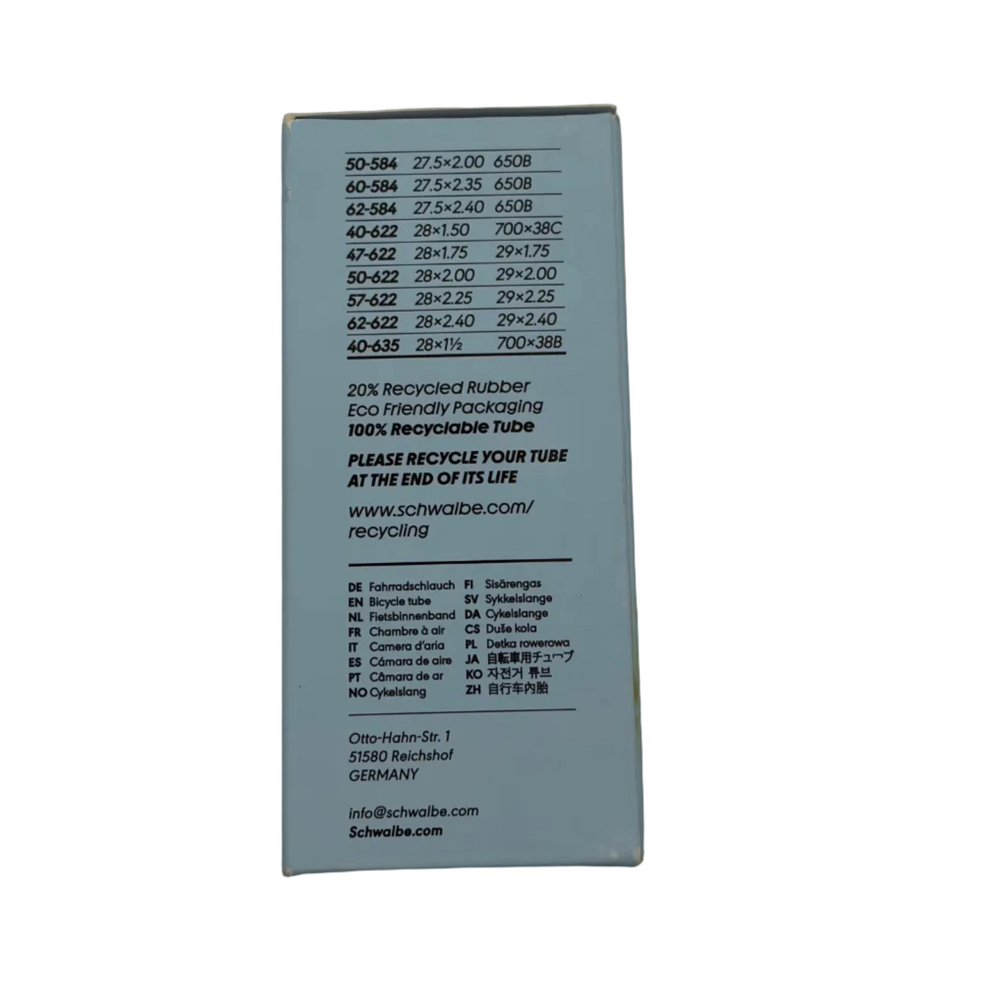 Câmara de ar SCHWALBE EXTRA LIGHT SV 19L 27,5x2,0/2,40 - 29x1,75/2,40 Presta 40 mm