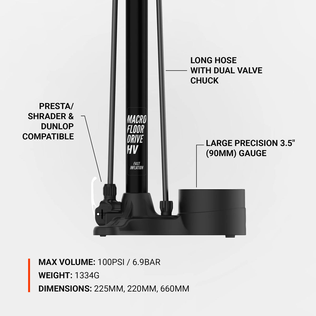 Bomba de pé LEZYNE MACRO HV FLOOR DRIVE DV preta