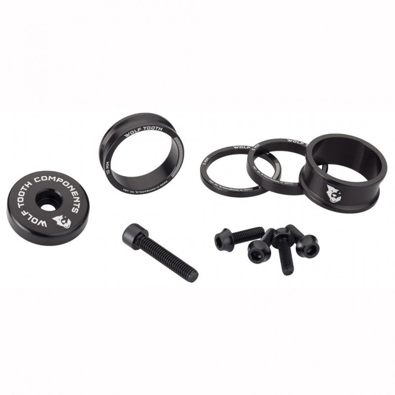 WOLFTOOTH BLING KIT Espaçadores, tampa da haste e parafusos Preto