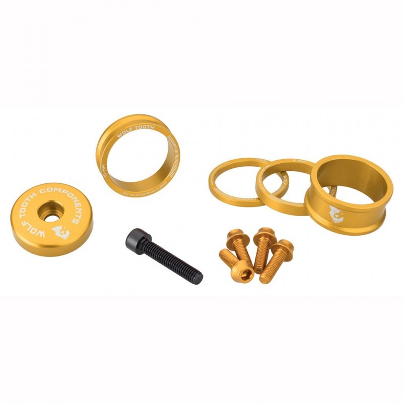 WOLFTOOTH BLING KIT Espaçadores dourados, tampa da haste e kit de parafusos