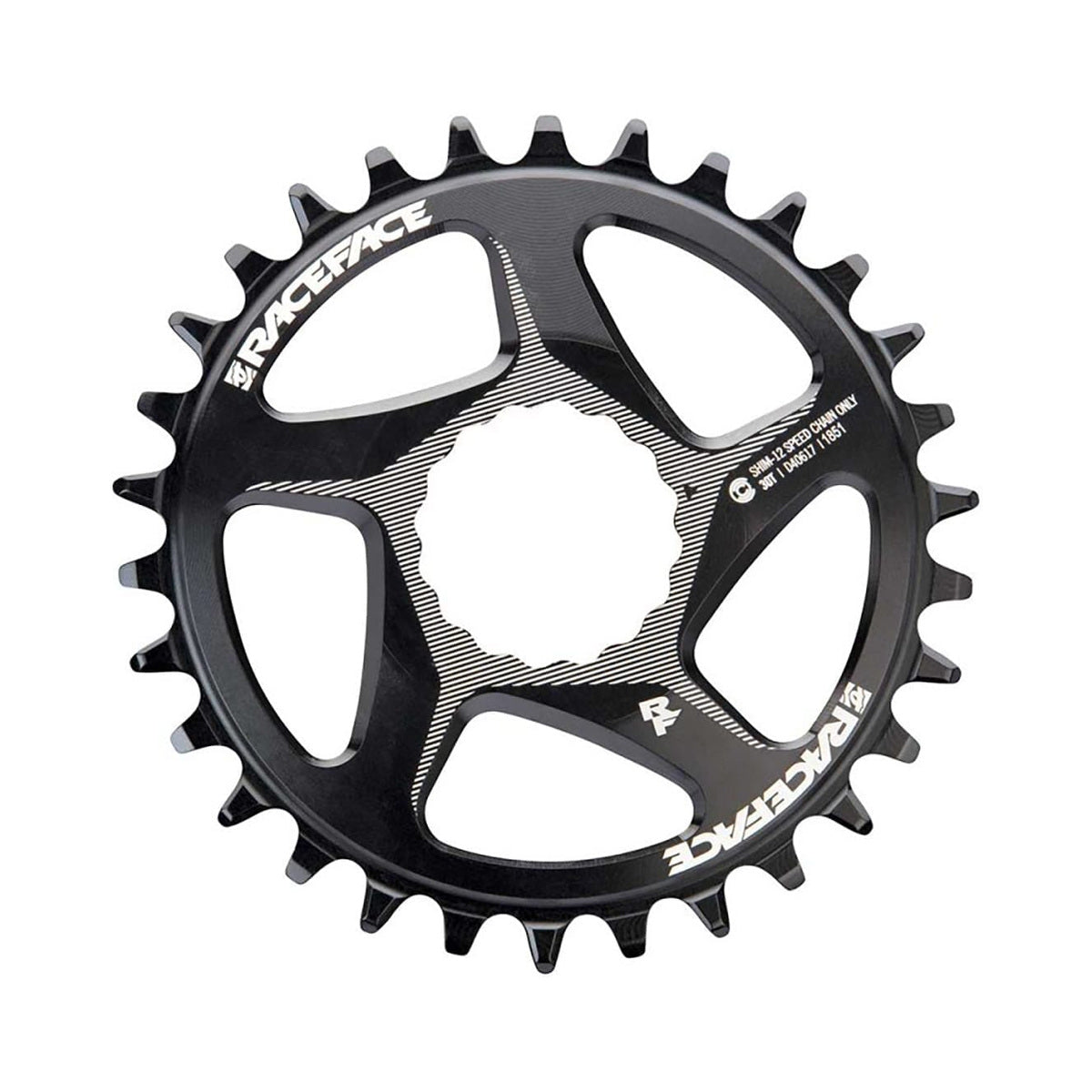 Prato único RACE FACE 12V Direct Mount compatível com SHIMANO preto — vista do prato sobre fundo branco