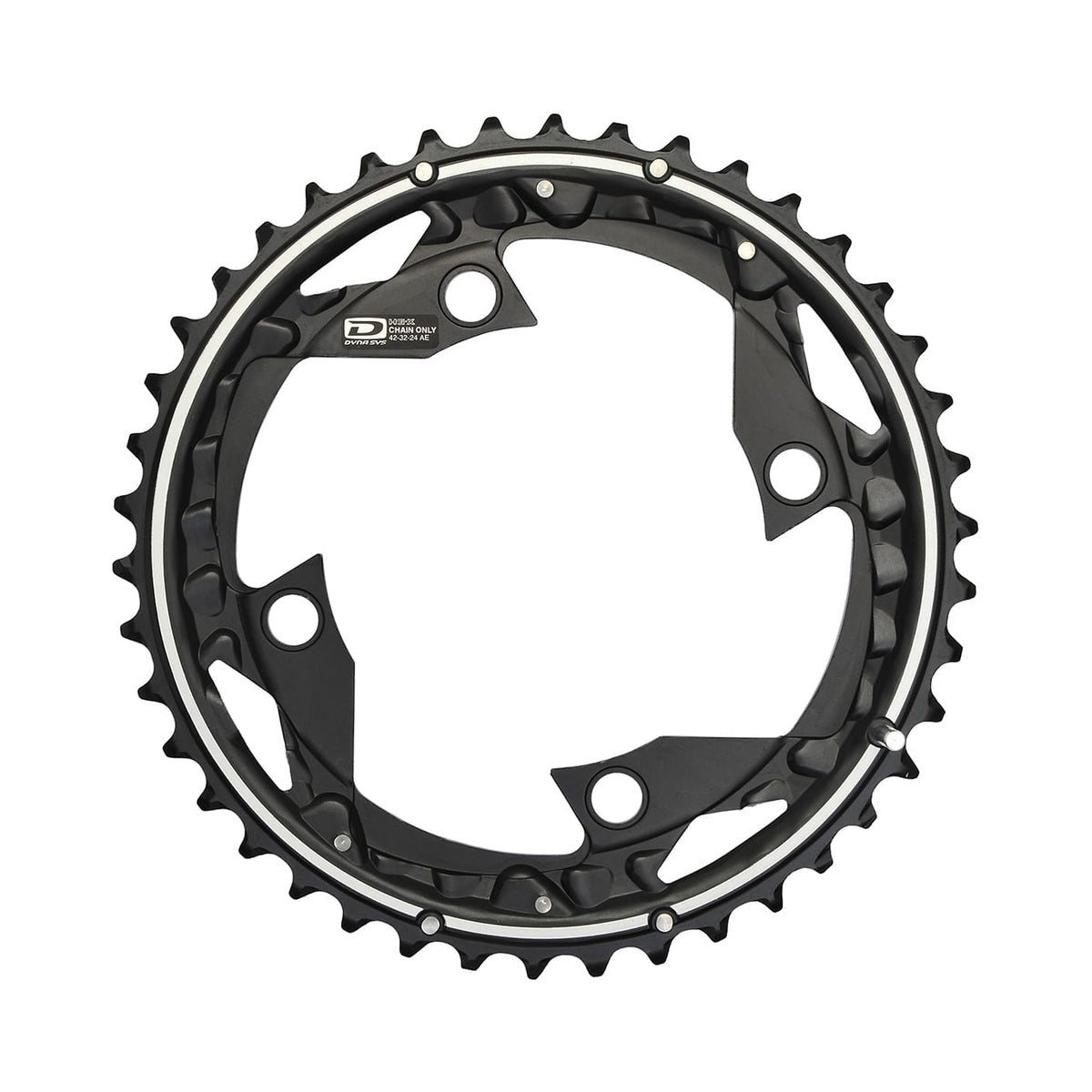 Prato exterior SHIMANO DEORE M610 de 10 velocidades, 4 furos, 104 mm — vista do prato sobre fundo branco