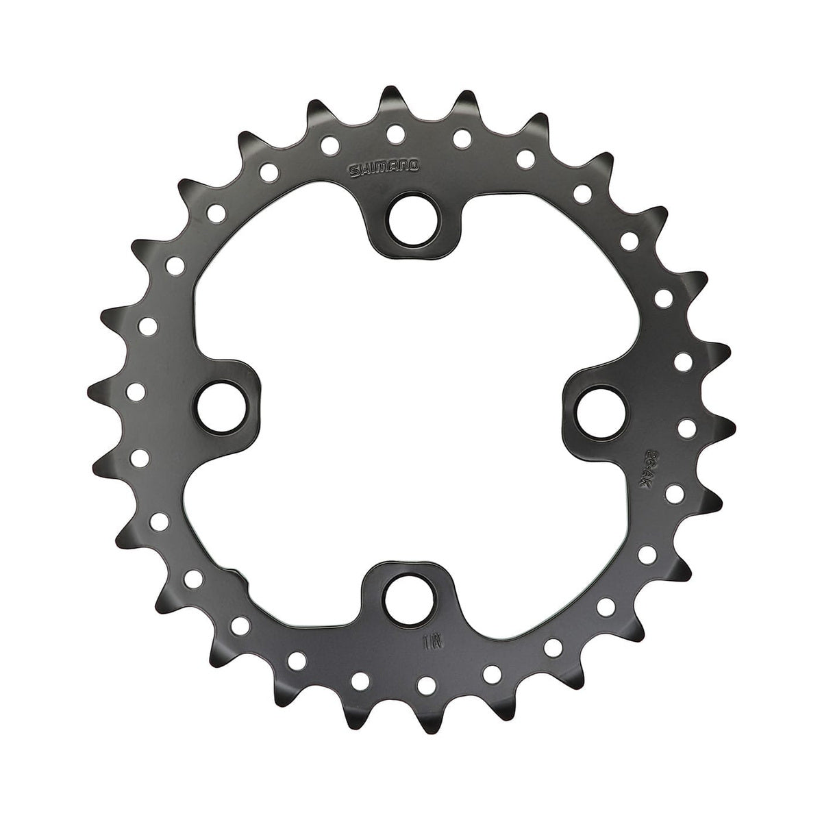 Prato interior SHIMANO DEORE M615/SLX M675/XT M785 de 10 velocidades, 4 furos, 64 mm — vista do prato sobre fundo branco