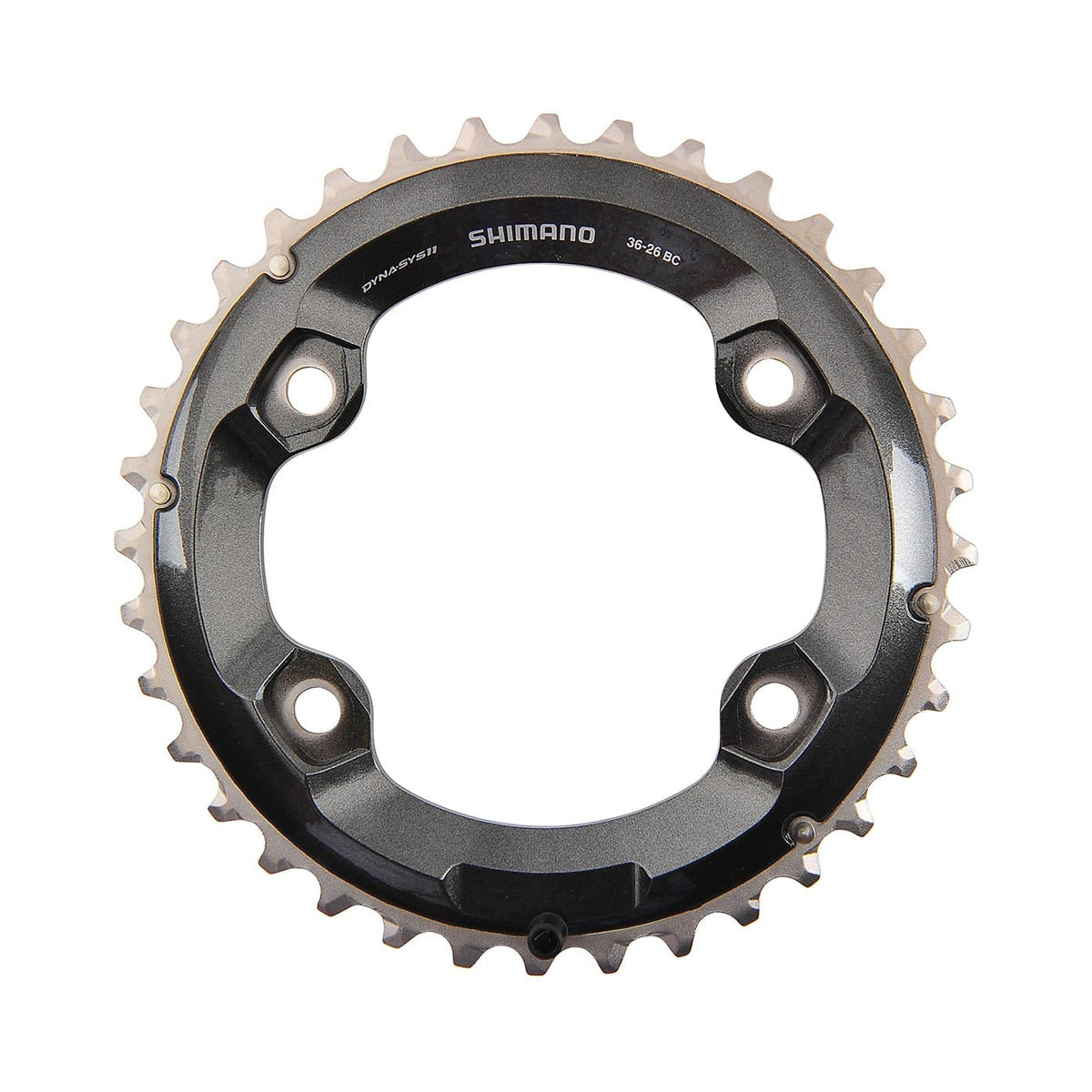 Prato exterior SHIMANO XT M8000 de 11 velocidades, pedaleiro duplo, 4 furos, 96 mm — vista do prato sobre fundo branco