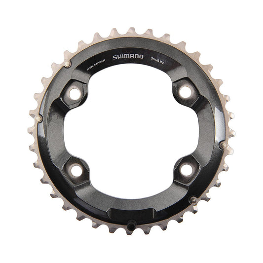 Prato exterior SHIMANO XT M8000 de 11 velocidades, pedaleiro duplo, 4 furos, 96 mm — vista do prato sobre fundo branco