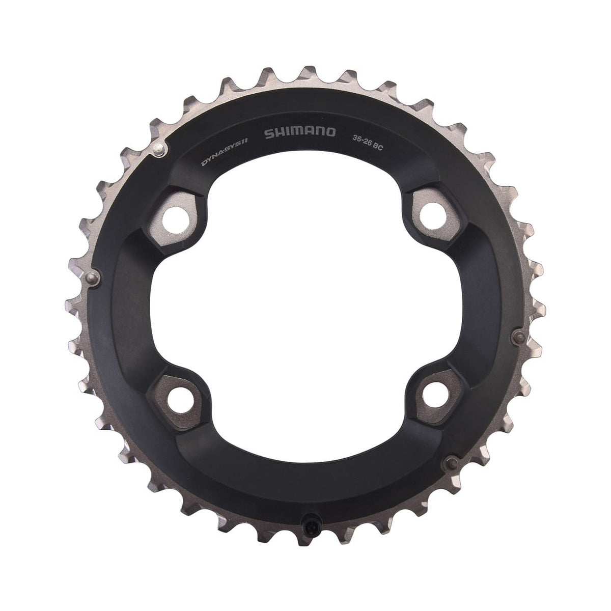 Prato exterior SHIMANO SLX M7000 de 11 velocidades, pedaleiro duplo, 4 furos, 96 mm — vista do prato sobre fundo branco