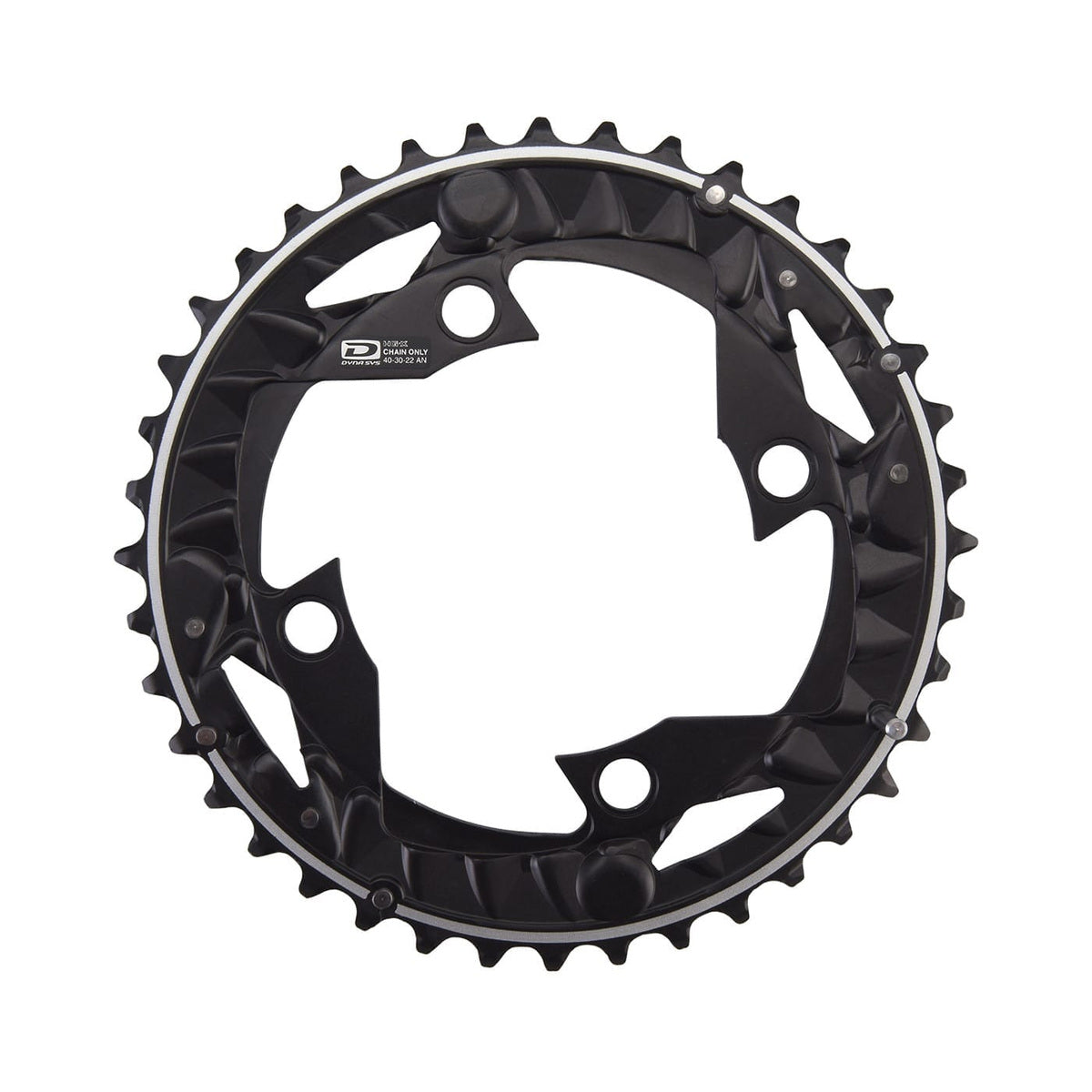 Prato exterior SHIMANO DEORE M612 de 10 velocidades, pedaleiro triplo, 4 furos, 96 mm — vista do prato sobre fundo branco