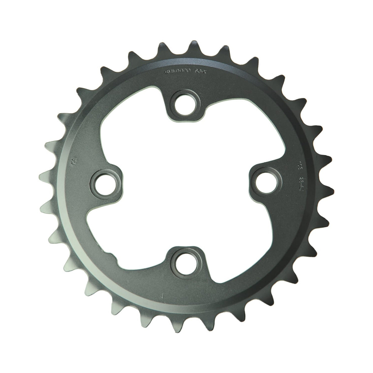 Prato interior SHIMANO XT M785 de 10 velocidades, 4 furos, 64 mm — vista do prato sobre fundo branco