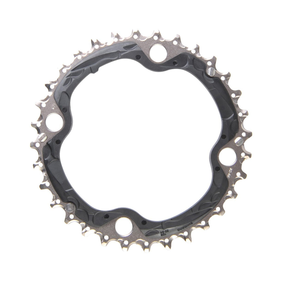 Prato intermédio SHIMANO SLX M660/670/XT M780 de 10 velocidades, 4 furos, 104 mm — vista do prato sobre fundo branco