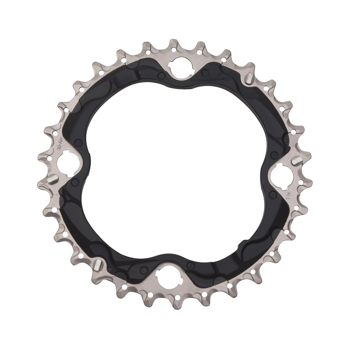 Prato intermédio SHIMANO SLX M672 10 velocidades, 4 furos, 96 mm — vista do prato sobre fundo branco