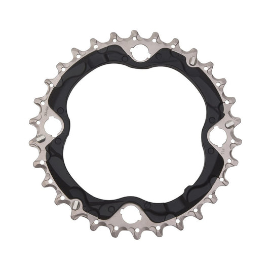 Prato intermédio SHIMANO SLX M672 10 velocidades, 4 furos, 96 mm — vista do prato sobre fundo branco