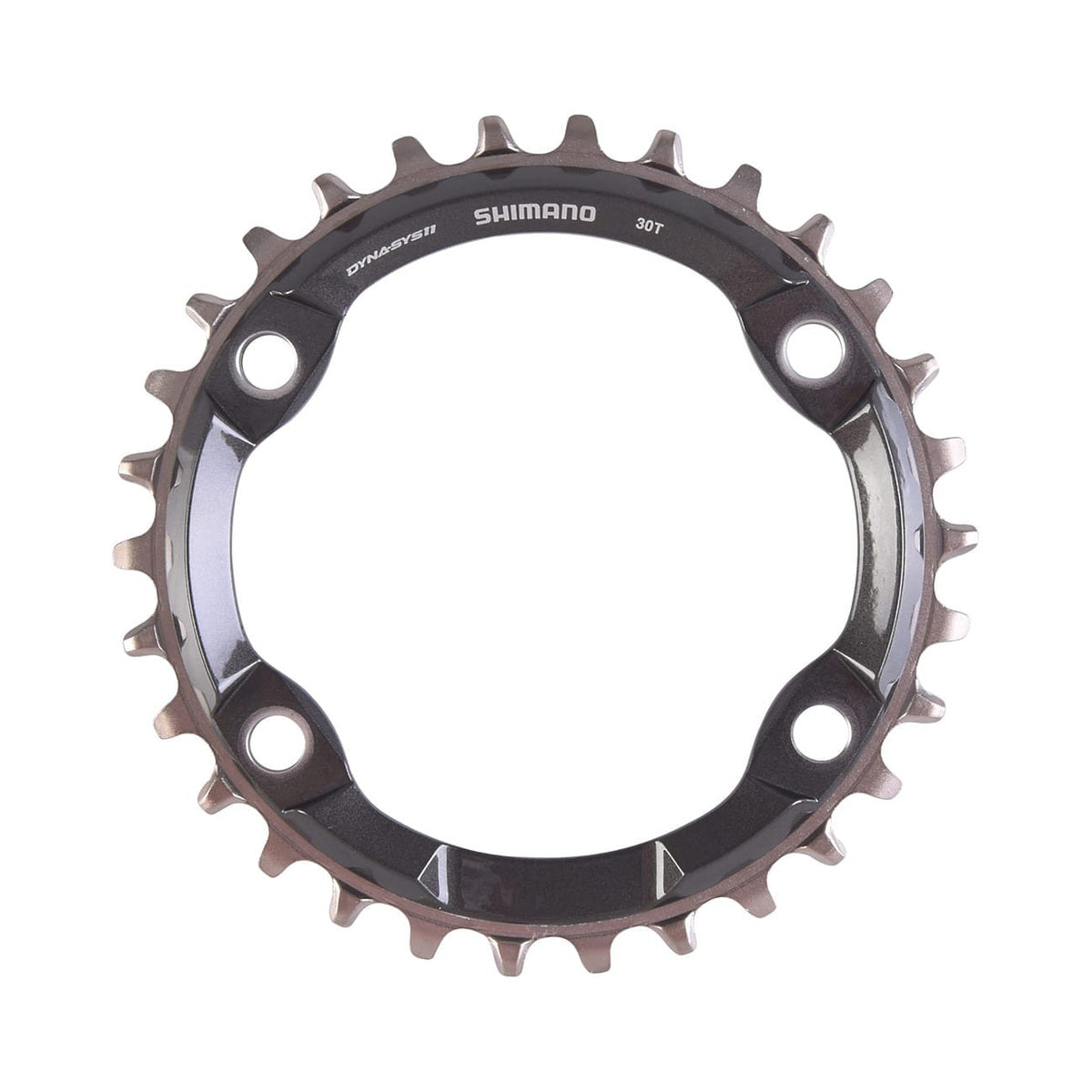 Prato único SHIMANO XT M8000 de dentes estreitos/largos, 11 velocidades, 4 furos, 96 mm — vista do prato sobre fundo branco