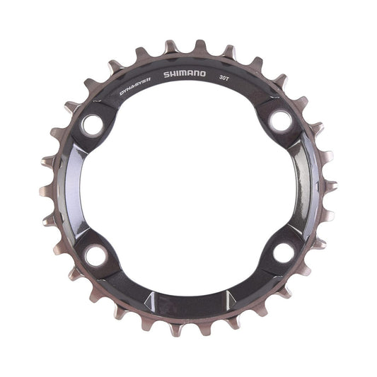 Prato único SHIMANO XT M8000 de dentes estreitos/largos, 11 velocidades, 4 furos, 96 mm — vista do prato sobre fundo branco