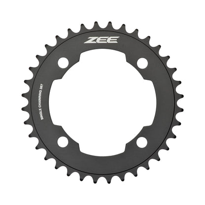 Prato único SHIMANO ZEE M640/M645 10 velocidades, 4 furos, 104 mm — vista do prato sobre fundo branco