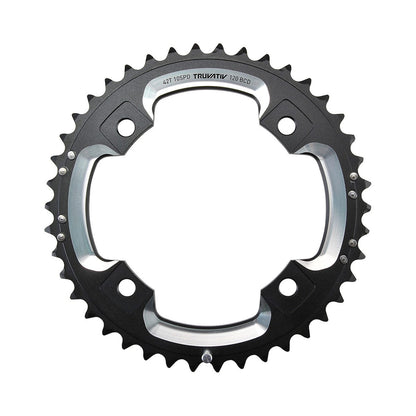 Prato exterior SRAM/TRUVATIV 10 velocidades, 4 furos, 120 mm, 39 dentes, alumínio, preto/prateado — vista do prato sobre fundo branco