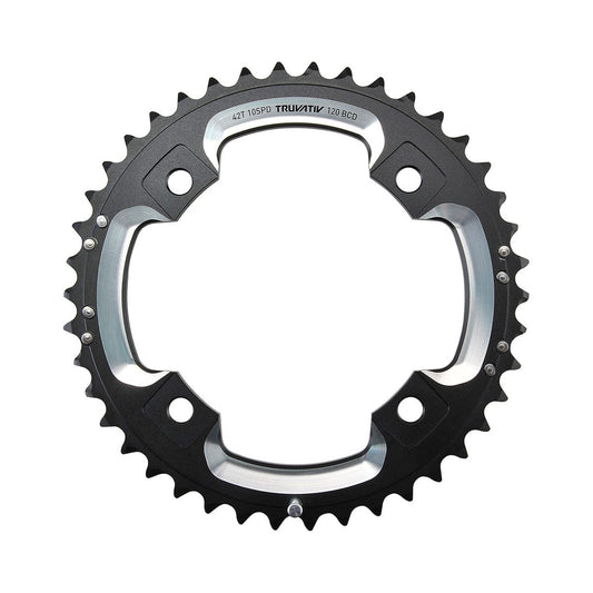 Prato exterior SRAM/TRUVATIV 10 velocidades, 4 furos, 120 mm, 39 dentes, alumínio, preto/prateado — vista do prato sobre fundo branco