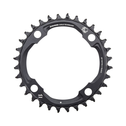Prato único SRAM X-SYNC2 EAGLE 12 velocidades, 4 furos, 104 mm, preto — vista do prato sobre fundo branco