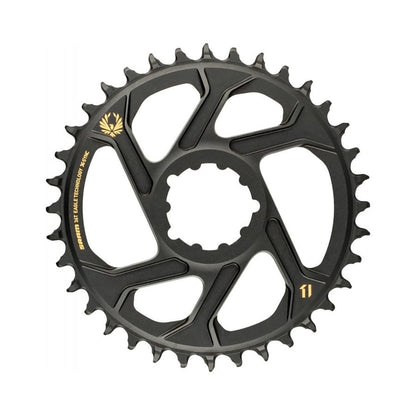 Prato único SRAM EAGLE X-SYNC 2 BOOST 11/12 velocidades de montagem direta, offset de 3 mm, alumínio, preto/dourado — vista do prato sobre fundo branco