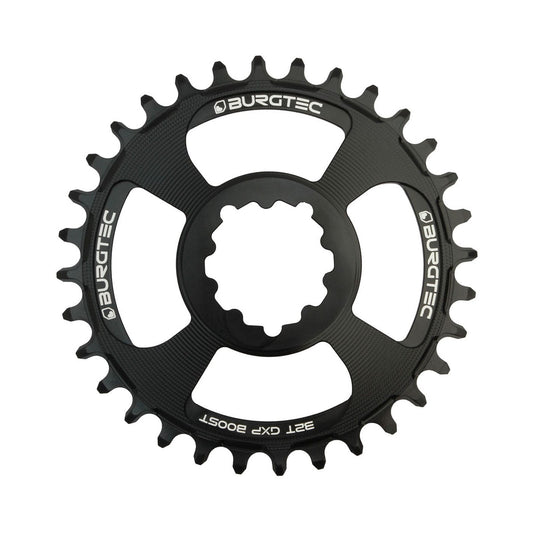 Prato único BURGTEC GXP THICK THIN 11/12 velocidades BOOST de montagem direta, dentes estreitos/largos, offset de 3 mm, preto — vista do prato sobre fundo branco