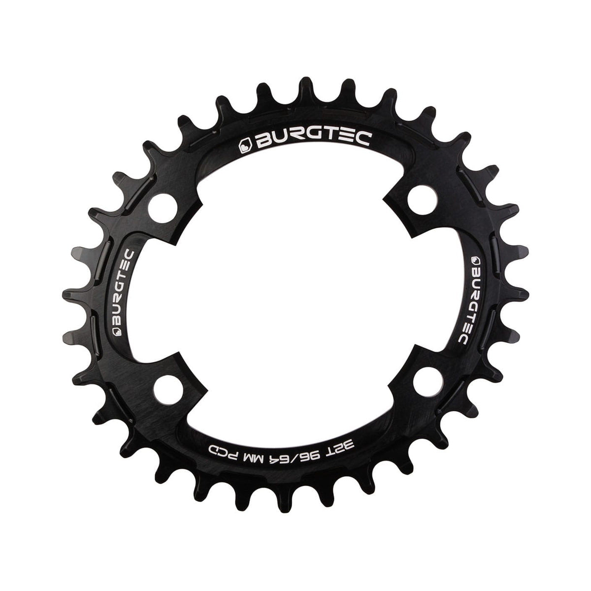 Prato único oval BURGTEC THICK THIN 10/11/12 velocidades, dentes estreitos/largos, 4 furos, 64/96 mm, preto — vista do prato sobre fundo branco