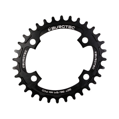 Prato único oval BURGTEC THICK THIN 10/11/12 velocidades, dentes estreitos/largos, 4 furos, 64/96 mm, preto — vista do prato sobre fundo branco