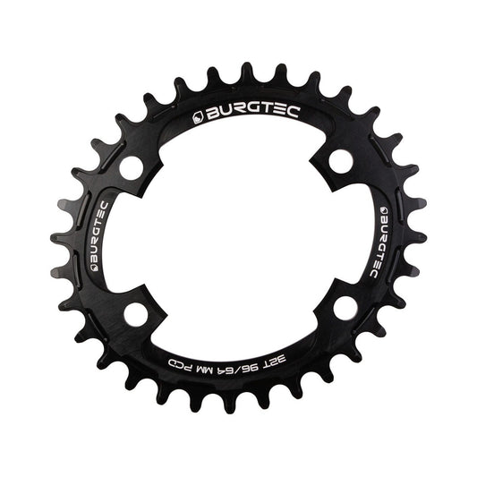 Prato único oval BURGTEC THICK THIN 10/11/12 velocidades, dentes estreitos/largos, 4 furos, 64/96 mm, preto — vista do prato sobre fundo branco