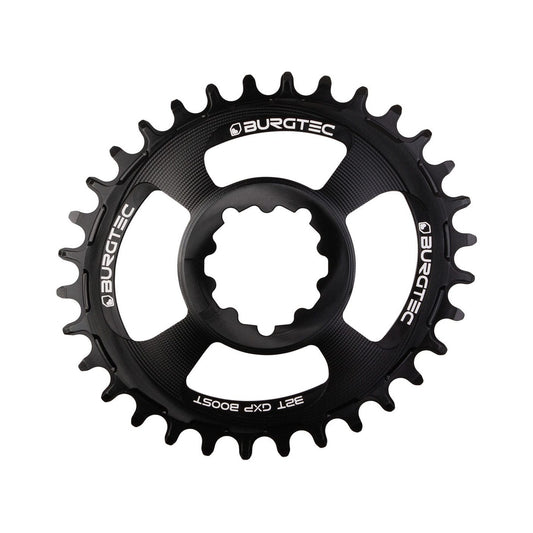 Prato único oval BURGTEC THICK THIN 11/12 velocidades BOOST, montagem direta, dentes estreitos e largos, offset de 3 mm, preto — vista do prato sobre fundo branco