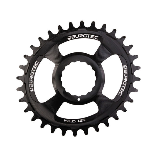 Prato único oval BURGTEC THICK THIN RaceFace Cinch 10/11/12 velocidades de montagem direta, dentes estreitos/largos, preto — vista do prato sobre fundo branco