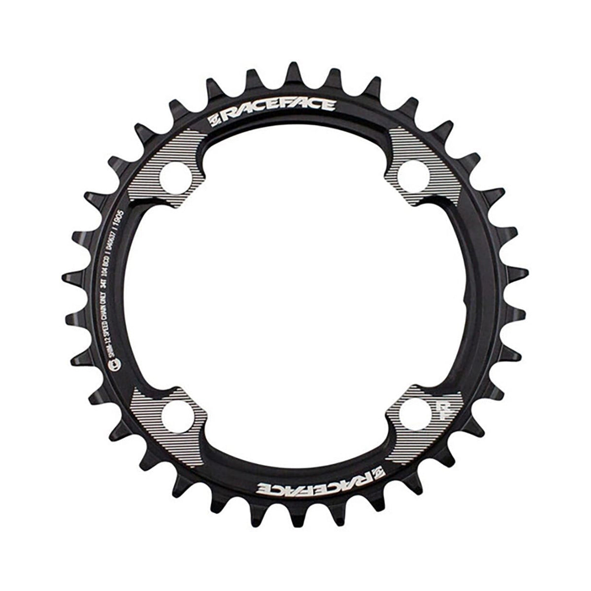 Prato único RACE FACE compatível com Shimano 12 velocidades, 4 furos, 104 mm, preto — vista do prato sobre fundo branco