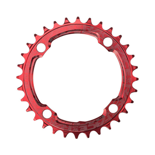 Prato único RACE FACE de dentes estreitos/largos, 9/10/11/12 velocidades, 4 furos, 104 mm, vermelho — vista do prato sobre fundo branco