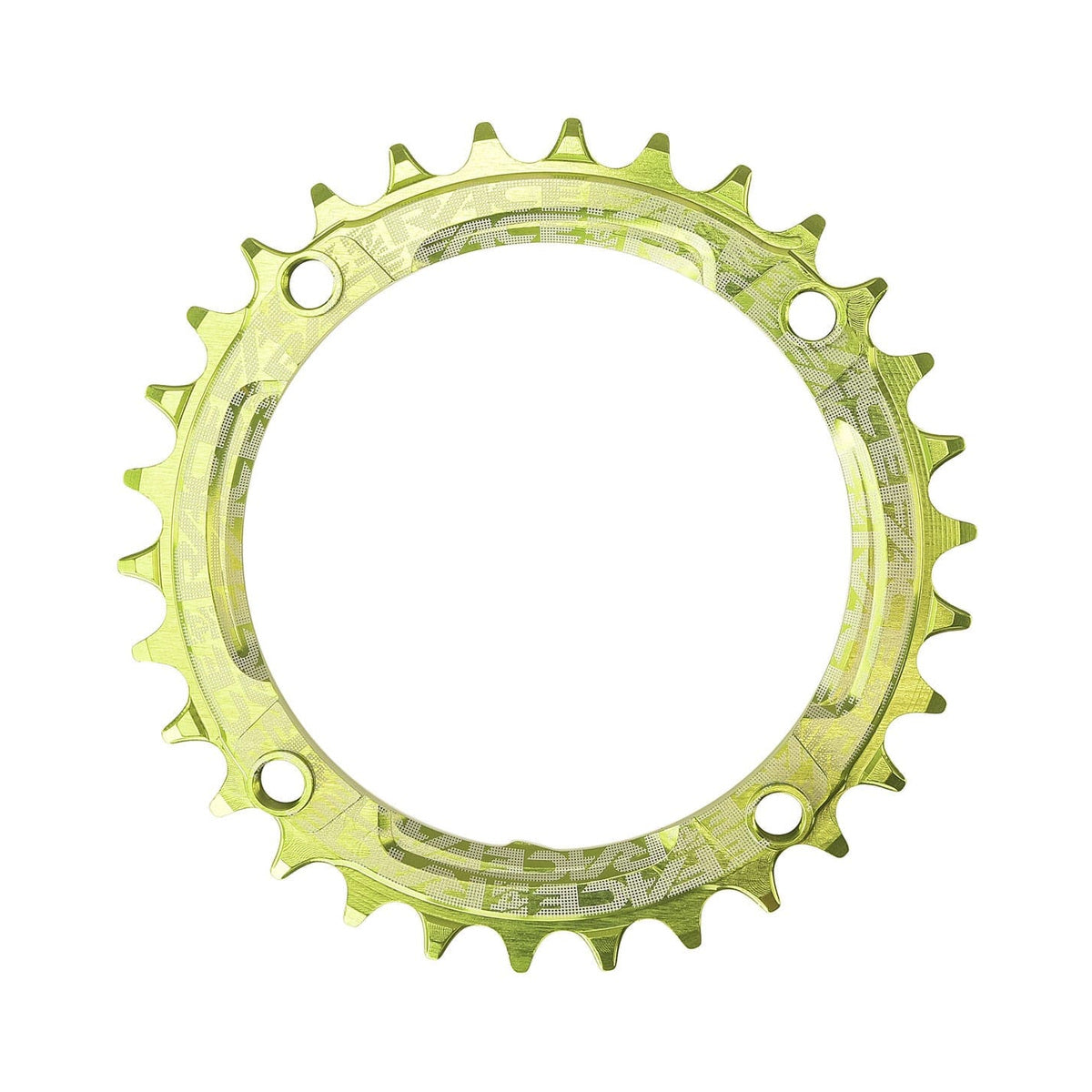 Prato único RACE FACE de dentes estreitos/largos, 9/10/11/12 velocidades, 4 furos, 104 mm, verde — vista do prato sobre fundo branco