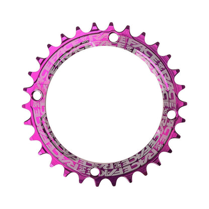 Prato único RACE FACE de dentes estreitos/largos, 9/10/11/12 velocidades, 4 furos, 104 mm, roxo — vista do prato sobre fundo branco