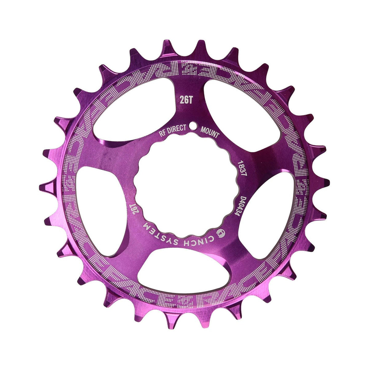Prato único RACE FACE de dentes estreitos/largos, 9/10/11/12 velocidades, Cinch de montagem direta, roxo — vista do prato sobre fundo branco