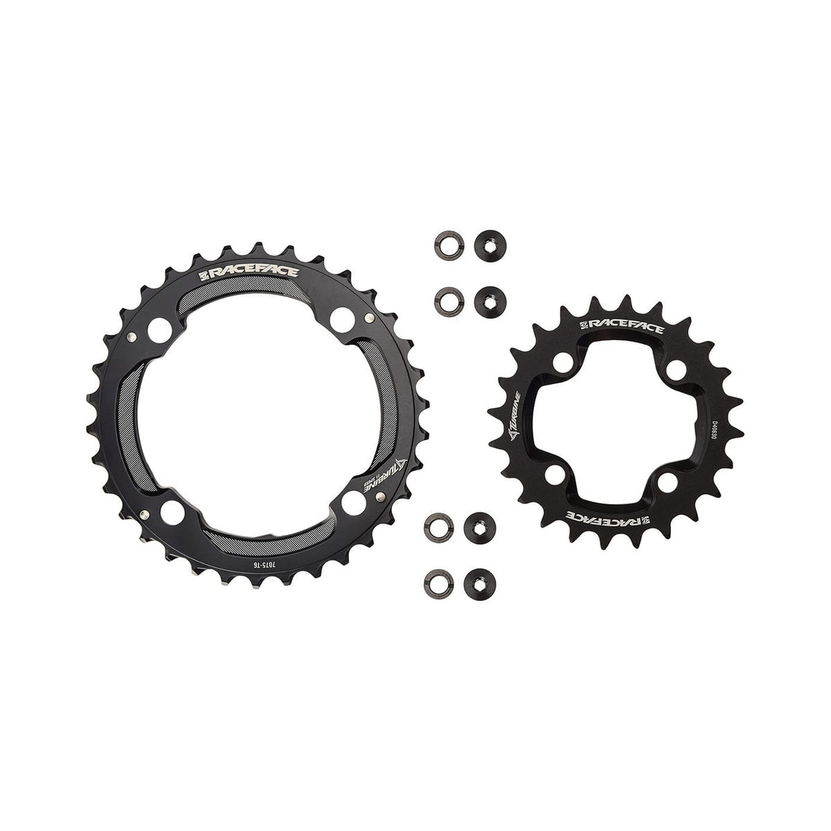 Conjunto de dois pratos RACE FACE TURBINE 11 velocidades, preto — vista do prato sobre fundo branco