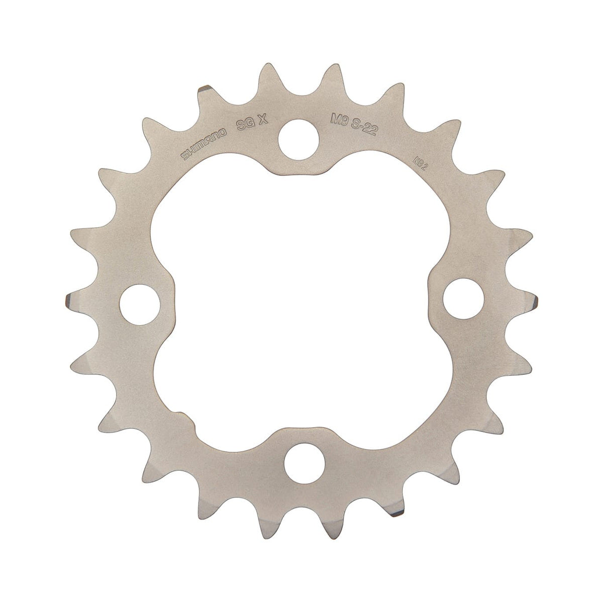 Prato interior SHIMANO DEORE M590 9 velocidades, 4 furos, 64 mm, prateado — vista do prato sobre fundo branco