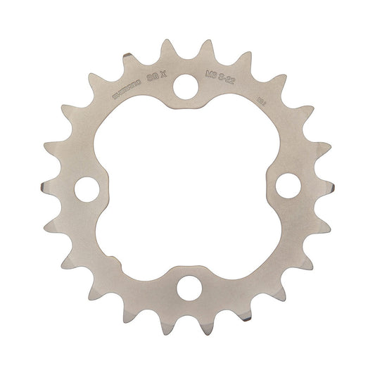 Prato interior SHIMANO DEORE M590 9 velocidades, 4 furos, 64 mm, prateado — vista do prato sobre fundo branco