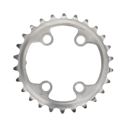 Prato interior SHIMANO XTR M9000/M9020 11 velocidades, pedaleiro duplo, 4 furos, 64 mm — vista do prato sobre fundo branco